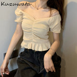 Joskaa Christmas Gift Kuzuwata Sexy Square Collar Clavicle Exposed Short Sleeve Blouse Women Draped Design Ruffles Solid Blusas Summer Shirt Feminino