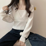 Joskaa Christmas Gift Kuzuwata 2024 New Design Fake Two Piece Women Pullovers Autumn Winter Solid Bottoming Sweaters Aesthetic Puff Sleeve Knit Coat