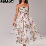 Joskaa Items Women's Evening Dress Backless A-line Big Swing Elegant Suspender Dresses Summer Boho Fashion Midi Floral Dress