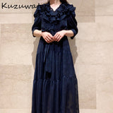 Joskaa Christmas Gift KUZUWATA 2024 Summer New Ruffle Long Dress V Neck Women Vintage Short Sleeve Lady Vestidos  Denim Robe with  Sashes Belt