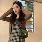 Joskaa Sets Women Thin Sun-proof Vintage Plaid Dresses Summer College Ins Two Pieces All-match Sweet Brown Streetwear Female Aesthetic