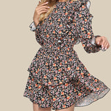 Joskaa hoco dresses Autumn Flower Print Short Dress Women Winter Casual Long Ruffle Sleeve A Line Dress Female Boho 2024 Elegant Mini Party Vestidos