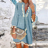 Joskaa-Summer V Neck Tassel Beach Dress Spring Vintage Floral Print 3/4 Sleeve Party Dress Women Casual Loose A-Line Dress Vestido