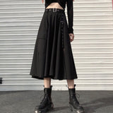 Christmas Gift Joskaa Punk Women Midi Skirt Summer Black Fashion Split High Waist Belt A Line Dark Academic Gothic Long Skirt Streetwear Faldas