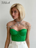 Joskaa 2024 Satin Corset Crop Top Strapless Green Summer Sexy Tube Off Shoulder Party Sleeveless Bustier Tank Tops Women