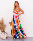 Joskaa Christmas Gift Sexy Deep V Neck Backless Striped Maxi Woman Dress 2024 Summer Party Rainbow Spaghetti Strap Long Dresses For Women Robe Femme