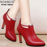 Joskaa 2024New Winter Boots Women Shallow Round Toe Red Women's Boots Thin Heels Zip Ankle Boots Pu Leather Zapatos De Mujer