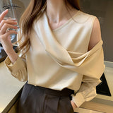 Joskaa Christmas Gift Spring Autumn Elegant Satin Blouse Women Off-Shoulder Long Sleeve V-Neck Slim Chiffon Blouse Solid OL Tops Chemisier Femme 11202