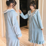 Joskaa Christmas Gift Nightgowns Women Winter Flannel Princess Solid Lace Bow Plus-Velvet Thicken Warm Soft Loose Casual Sweet Girls Sleepshirt Coral