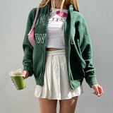 Joskaa Christmas Gift Green Letter Print Zipper Women Hooded Sweater Vintage Loose Casual Jacket Hoodie Baseball Uniform Streetwear 2024 Fall Winter