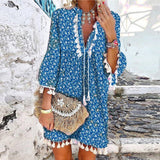 Joskaa-Summer V Neck Tassel Beach Dress Spring Vintage Floral Print 3/4 Sleeve Party Dress Women Casual Loose A-Line Dress Vestido