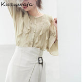 Joskaa Christmas Gift Kuzuwata Japan Style Flare Sleeve Blouse Women Chic Ruffles Patchwork Chiffon Blusas 2024 Spring Summer Elegant Sweet Shirts