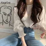 Joskaa Christmas Gift Sweet Sytle Age-reduction Shirts 2024 New Autumn Crochet Hollow Lace Lantern Sleeve Blouses O-neck Solid Color Femme Tops