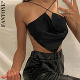 Joskaa FANTOYE Stain Sexy Bandage Irregular Camis For Women Summer Backless Black Skinny Crop Tops Casual New Solid Nightclub Tank Tops