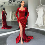 Joskaa Sexy Backless High Slit Women Dress Red Long Sleeve Bandage Ruched Dress Women Autumn Slim Elegant Evening Party Clothes