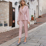 Joskaa Elegant knot women business suit autumn winter Office lace up blue ladies suits blazer Fashion two piece female pant set