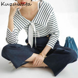 Joskaa Christmas Gift Kuzuwata Spring Chic Stripes Hit Color Patchwork Women Pullover New Sailor Collar Drawstring Knit Woman Sweaters Fashion Tops