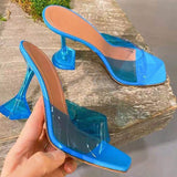 Joskaa Transparent crystal heel slippers women's summer new fashion wine glass heel square toe fashion sandals Large size