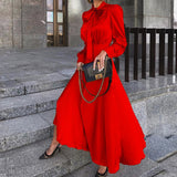 Joskaa Fashion Elegant Long Sleeve Christmas Maxi Dress Women 2024 Autmn Winter Bow Vintage Party Ladies Dresses For Woman Robe Femme