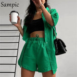 Joskaa Christmas Gift Sampic Casual Lounge Wear Summer Green Tracksuit Women Shorts Set Short Sleeve Shirt Tops And Loose Mini Shorts Two Piece Set