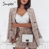 Joskaa Two-piece blazer women suits Double breasted plaid casual female blazer shorts set Elegant office ladies blazers sets