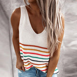 Joskaa Sexy V-Neck Crochet Knit Shirts Blusa Casual Colorful Striped Blouse Shirt Women Summer Sleeveless Tank Tops Clothes Streetwear