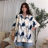 Joskaa Christmas Gift QWEEK Summer Japan Style Harajuku Shirt Women Animal Pattern Print Blouse 2024 Short Sleeve Graphic Cardigan Button Up Tops Chic