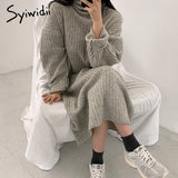 Joskaa Ribbed Knitted Midi Dresses Women Autumn Winter 2024 New Pullovers Long Sleeve A Line Korean Turtleneck Sweater Dress