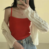 Joskaa Autumn Women Sweaters Casual Puff Long Sleeve Short Jumper Sexy Cross V Neck Fake Two Pieces Sweater Korean Slim Bottom Knitwear