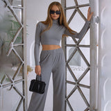 Joskaa Casual Ribbed 2 Piece Set Women Matching Sets Turtleneck Long Sleeve Crop Top Wide Leg Pant Outfits Solid Fitness Suit