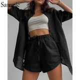 Joskaa Christmas Gift Sampic Casual Lounge Wear Summer Green Tracksuit Women Shorts Set Short Sleeve Shirt Tops And Loose Mini Shorts Two Piece Set