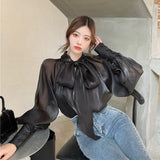 Joskaa Women Shirts 2024 Spring Autumn French Sexy Temperament Female Bow-Tie Shiny Feeling Slightly Transparent Loose Blouse