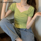 Joskaa Christmas Gift Kuzuwata Sexy Square Collar Clavicle Exposed Short Sleeve Blouse Women Draped Design Ruffles Solid Blusas Summer Shirt Feminino