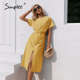 Joskaa Cotton knotted straight women dress Casual O neck chic split dress Elegant green loose short sleeve ladies midi dress