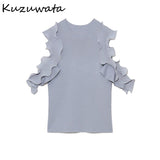 Joskaa Christmas Gift Kuzuwata Elegant Ruffles Patch Sexy Shoulder Strapless Blouse Women O Neck Flare Short Sleeve Work Style Ol Solid Shirt Simple