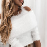 Joskaa Women Fashion Casual Long Sleeve Pullovers Top Brief Cozy  Cold Shoulder White Fluffy Sweater for Women Warm Fluff Tops