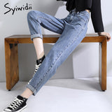 Joskaa High Waist Jeans Woman Fashion Street Style Elastic Waist Denim Pants Cotton Loose Coated Vintage Washed Boyfriend Jeans 2024