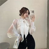 Joskaa Women Shirts 2024 Spring Autumn French Sexy Temperament Female Bow-Tie Shiny Feeling Slightly Transparent Loose Blouse