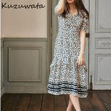 Joskaa Christmas Gift Kuzuwata V Neck Pullover Short Sleeve Dress Women Vintage Print Bohemian Holiday Vestidos Summer 2024 New Robe Slim Ruffles