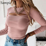 Joskaa Christmas Gift Sampic Autumn O Neck Black Khaki White Long Sleeve Skinny Hollow Out Knitted Woman T Shirts Sexy Y2K Basic Tees Tops Winter 2020