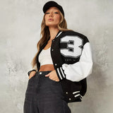 Joskaa Letter Print Baseball Uniform Jacket Patchwork Long Sleeve Button Varsity Bomber Coat Cool Style Jackets For Women Clothing