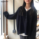 Joskaa Women Pullovers Solid Loose Sweater V-neck Buttons Knitted Korean Style Elegant Casual Simple Fashion Ulzzang Female Outwear INS