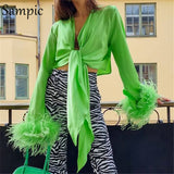 Joskaa Christmas Gift Sampic Feathers Patchwork Satin Women Bandage Shirt Blouse Tops Green 2024 Y2K Sexy V Neck Club Skinny Mini Crop Tops Outwear