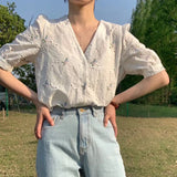 Joskaa Christmas Gift Summer 2024 Korean Puff Short Sleeve Blouse Sweet Hollow Out Loose Women Tops Chic V-neck Embroidery Floral Women Blosues 15171