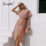 Joskaa Cotton knotted straight women dress Casual O neck chic split dress Elegant green loose short sleeve ladies midi dress