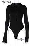 Joskaa Button Autumn Winter Long Sleeve Bodysuit Women Turn Down Casual Bodysuit For Woman Body Female Black White Brown Tops