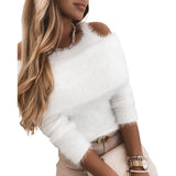 Joskaa Women Fashion Casual Long Sleeve Pullovers Top Brief Cozy  Cold Shoulder White Fluffy Sweater for Women Warm Fluff Tops