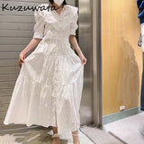 Joskaa Christmas Gift KUZUWATA 2024 Summer New Ruffle Long Dress V Neck Women Vintage Short Sleeve Lady Vestidos  Denim Robe with  Sashes Belt