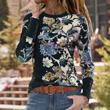 Joskaa Women T-shirt Spring Autumn Casual O Neck Floral Print Loose Tee Shirt Female Streetwear Long Sleeve Pullover Tops New Plus Size