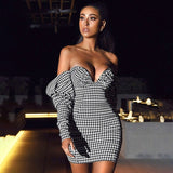 Joskaa hoco dresses Fall Chic Black & White Lattice Women's Dress Sexy Puff Long Sleeves Low Cut Off Shoulder Elasticity Slim Elegant Party Dresses